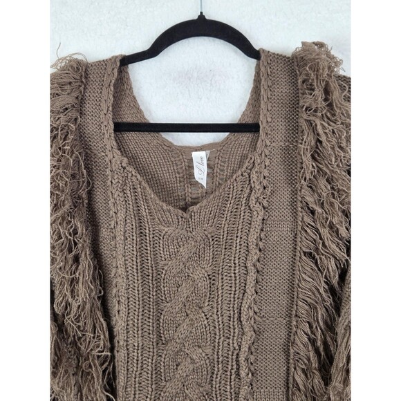 Womens Sweater S/M Brown Cropped Fringe Cable Knit Boho Pullover Oversized Rodeo - Picture 5 of 11